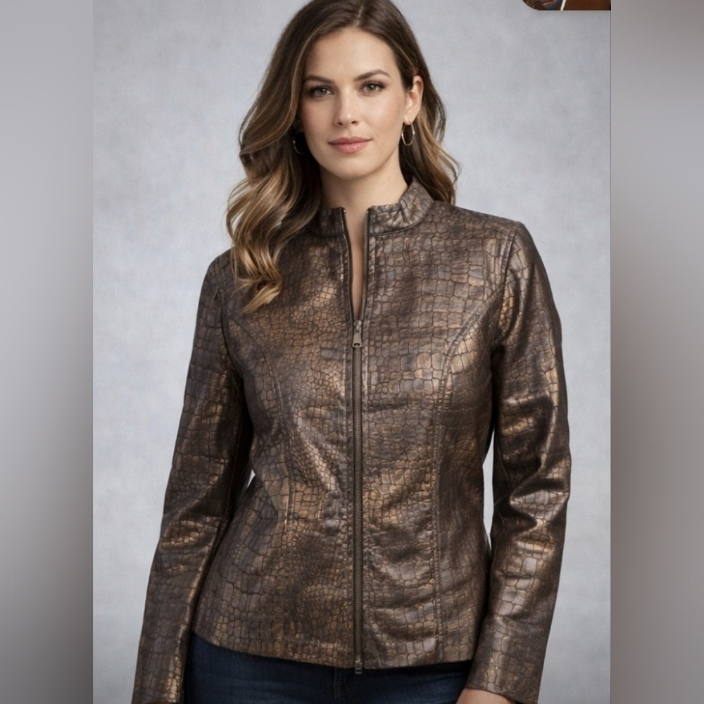 Chico's Size 0 EUC Women's Brown Crocodile-Embossed Jacket PTP 20